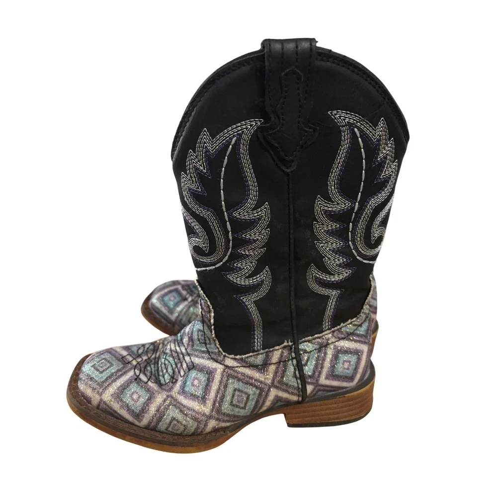 Roper Cowboy Boots 11 Cattle Kids Black Purple Glitter Geometric Western